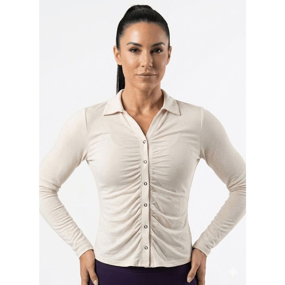BELLDINI Black Label Button-Front Collared Top  Ivory M